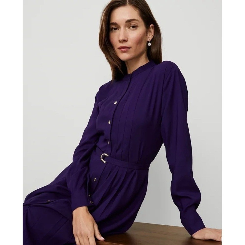 Ann Taylor Pleated Dress 10 Purple Shirtdress Lined Gold Buttons Career Corporat